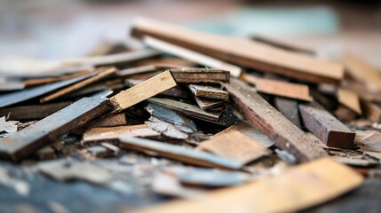 Poster - Wooden Scraps and Shavings Piled Together on a Carpentry Workshop Table for Creative Projects : Generative AI