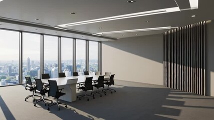 Poster - Sunlight illuminates a modern conference room with large windows overlooking a cityscape, showcasing a sleek table and chairs, evolving subtly over time in slow motion