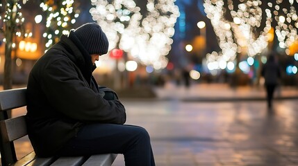 Aufkleber - Melancholic scene of a man sitting on a bench at night illuminated by glowing lights in the background : Generative AI