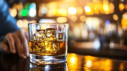 Aufkleber - Refreshing Glass of Whiskey with Ice Cubes in a Cozy Bar Atmosphere : Generative AI
