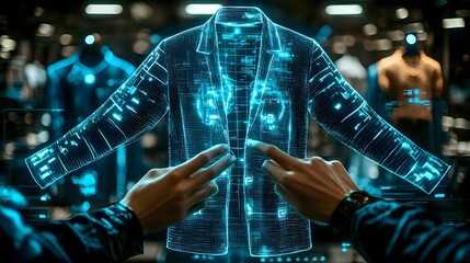 Poster - Close up view of human hands carefully adjusting and manipulating holographic 3D garment details through a futuristic virtual interface in a studio setting  Concept of advanced fashion technology