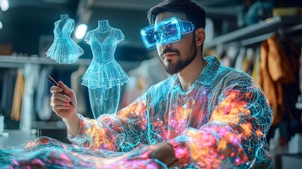 Poster - creative designer sketching futuristic holographic fashion outfit designs with floating 3d visual el