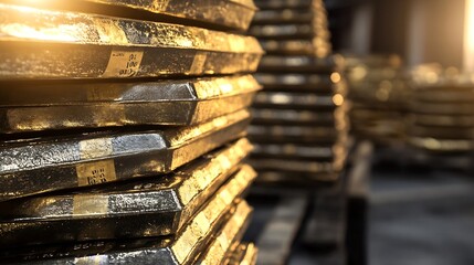 Fototapete - Stacked gold bars shining brightly in a secure vault showcasing wealth and luxury : Generative AI