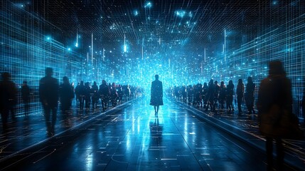 Poster - Futuristic holographic catwalk projection with dynamic 3D digital display showcasing innovative and cutting edge fashion designs in a visually immersive and environment