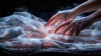 Poster - Designer s hands delicately manipulating and interacting with holographic translucent textile materials within a futuristic 3D digital interface  The image evokes a sense of innovation creativity