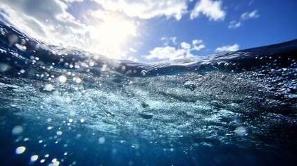 Poster - Dramatic view of sunlit surface of ocean water with bubbles and sparkling light reflections : Generative AI