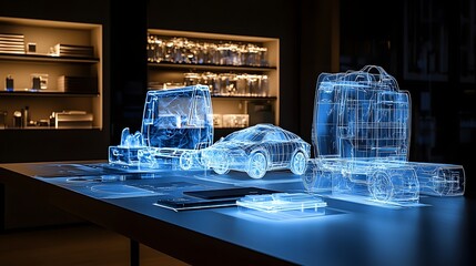 Poster - Conceptual futuristic workspace featuring holographic digital accessories and displays projected on a minimalist transparent table for innovative business or technology presentations