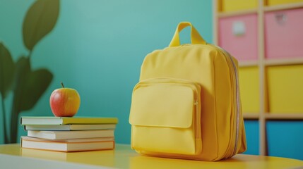 Poster - On a vibrant table, a cheerful yellow backpack stands beside a shiny red apple and neatly stacked copy books, creating an inviting atmosphere for learning and creativity