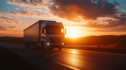 Aufkleber - Silhouette of a large truck driving down a highway with a stunning sunset in the background : Generative AI