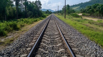 Leinwandbilder - Railway tracks stretching into the distance surrounded by lush green nature and a bright blue sky : Generative AI