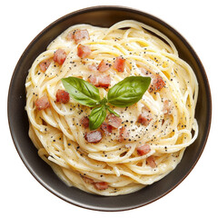 Wall Mural - Creamy spaghetti carbonara topped with crispy bacon and fresh basil, served in dark bowl. delicious Italian dish that is both comforting and flavorful