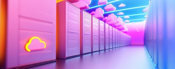 Poster - a vibrant, futuristic data center featuring colorful clouds and sleek storage units, creating a dyna