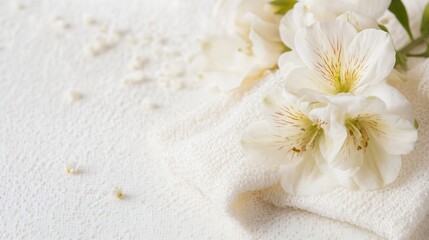 Fototapete - Delicate white flowers resting on a soft towel creating a serene calming scene : Generative AI