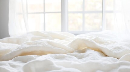 Poster - Cozy bed with soft white blankets and sunlight streaming through a bright window : Generative AI