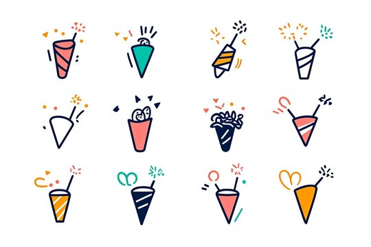 Confetti popper different style icon set. Line, glyph and filled outline colorful version.