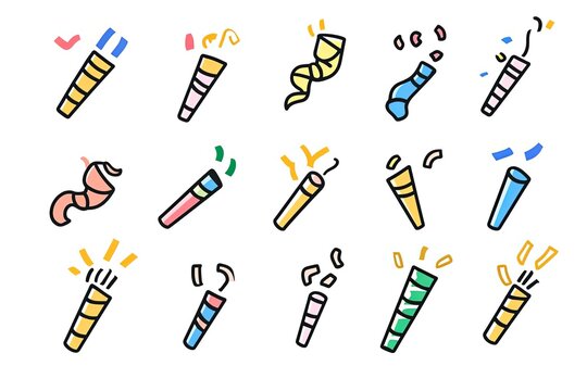Confetti popper different style icon set. Line, glyph and filled outline colorful version.