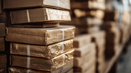 Fototapete - Neatly stacked golden bullion bars highlighting the allure of precious metals in investment strategies and wealth storage : Generative AI