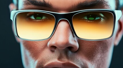 Poster - Man with glasses on his face. The glasses are yellow and have a green tint. The man's eyes are open and staring at the camera
