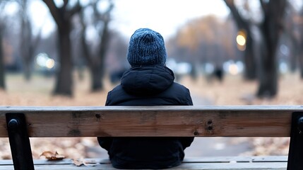 Aufkleber - Child in a beanie sitting on a park bench during autumn surrounded by colorful leaves : Generative AI