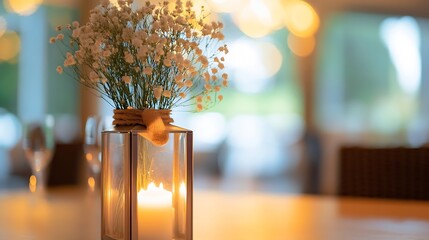Poster - Beautiful glass lantern with a candle and dried flowers creating a warm ambiance on a dining table : Generative AI