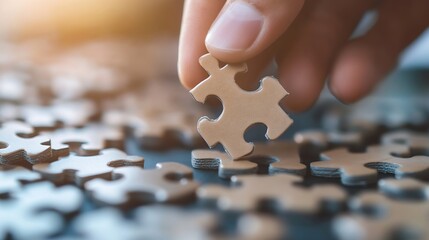 Poster - Closeup of a hand placing a puzzle piece among scattered pieces on a bright surface : Generative AI