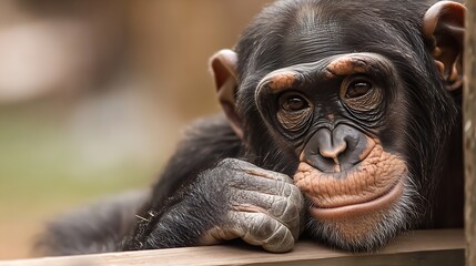 Poster - Curious Chimpanzee Resting Head on Hand with a Thoughtful Expression in a Natural Setting : Generative AI