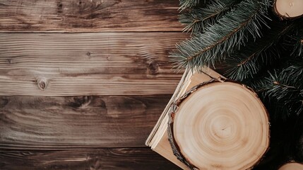 Aufkleber - Rustic Wooden Surface with Evergreen Pine Branches and Natural Logs : Generative AI