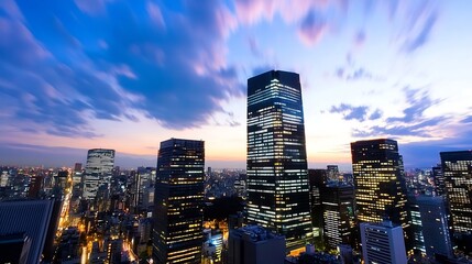 Poster - Dramatic skyline view of a modern metropolis illuminated at twilight : Generative AI