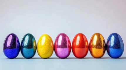 Poster - Row of colorful eggs with glitter on them. The eggs are arranged in a line, with the colors ranging from blue to red. The glitter adds a shiny, festive touch to the eggs