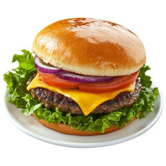 Poster - Juicy cheeseburger with fresh lettuce, tomato, and onion on toasted bun. Perfect for satisfying meal or snack