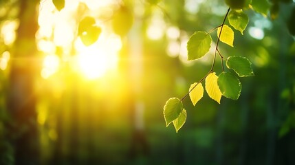Aufkleber - Beautiful closeup of sunlit green leaves with gentle bokeh in a serene forest setting : Generative AI