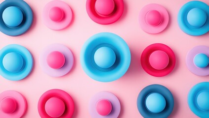 Poster - Colorful 3D Circles Pattern Design: Abstract Pink Background with Layered Spheres, Vivid Hues, Geometric Shapes, and Circular Forms.