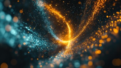 Poster - Abstract Particle Swirls: Blue and Gold Glitter Dance Dynamically in Dark Space, Creating Mesmerizing Visuals with Twinkling Lights.