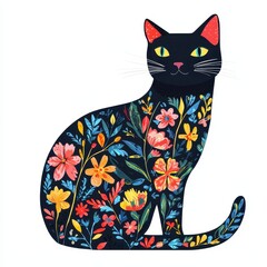  Floral Cat Illustration Black Cat Silhouette with Vibrant Colorful Flowers and Leaves Design