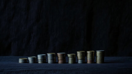 Poster - Financial growth analysis coins stacked on table business image dark background close-up investment concept