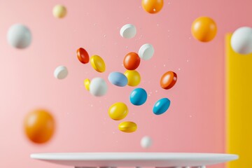 Poster - Colorful assortment of pills are floating in the air, creating a sense of chaos and disorder. The pills come in various shapes and sizes, with some being larger and others smaller