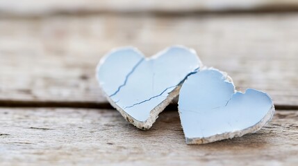 Poster - Two cracked light blue hearts on a wooden surface symbolizing love and broken relationships in a minimalist style : Generative AI