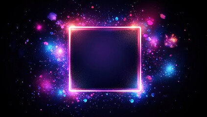 Poster - Neon Glowing Square Frame with Bright Particles Burst