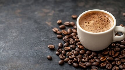 Aufkleber - Cup of rich coffee placed among scattered coffee beans on a dark textured surface capturing the warmth of a brewed beverage : Generative AI