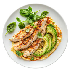 Wall Mural - Grilled chicken breast served on plate with avocado slices and fresh spinach, creating healthy and delicious meal