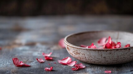 Poster - Delicate Rose Petals Scattered on a Rustic Plate on a Soft Focus Background : Generative AI
