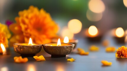 Poster - Beautiful golden lamps with glowing flames surrounded by vibrant marigold flowers and soft bokeh in the background : Generative AI