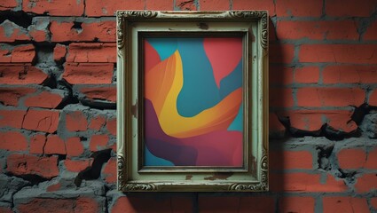 Poster - Colorful abstract artwork displayed within an ornate frame against a textured red brick wall