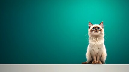 Wall Mural - A fluffy cat with striking blue eyes sits on a ledge against a vibrant teal background