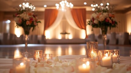Poster - Romantic wedding venue setup with elegant decor and soft glowing candles creating a warm atmosphere : Generative AI