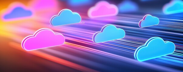 Poster - a vibrant digital illustration of colorful clouds with a light trail, representing cloud computing a