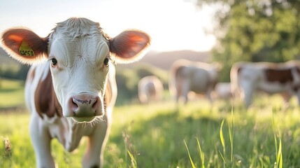 Poster - Charming Brown and White Calf with Big Eyes Enjoying the Green Pastures at Sunset : Generative AI
