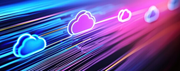 Poster - a vibrant digital image depicting stylized clouds amid streams of colorful light, symbolizing cloud 