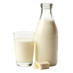 Poster - Fresh milk in glass and bottle, accompanied by piece of butter, showcasing dairy products. Perfect for cooking or enjoying nutritious drink