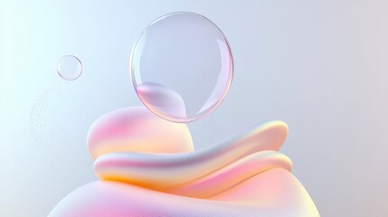 Poster - Abstract 3d illustration of floating bubbles and colorful organic shape in soft pastel tones